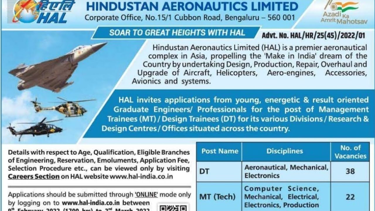 HAL Recruitment 2022 | HAL MT 2022 | HAL Management Trainee 2022 | HAL DT 2022 | HAL