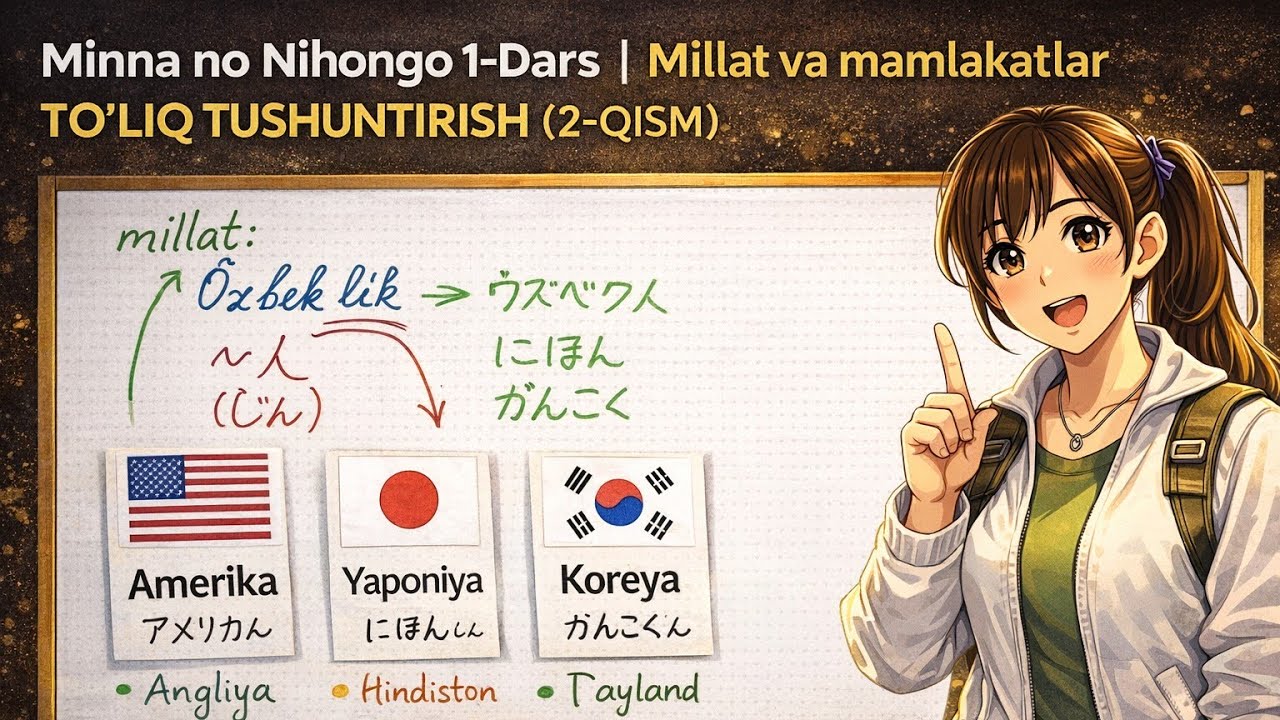 Minna no Nihongo 1-dars so’zlari tushuntirish 2-QISM | Millat va mamlakatlar  🗾 | O‘zbeklar uchun