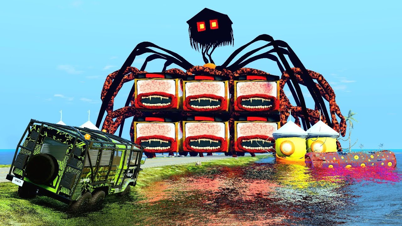 Cars Destruction Test with BUS EATER & SPIDER HOUSE & TRAIN EATER & THOMAS TRAIN BeamNG.Drive Test53