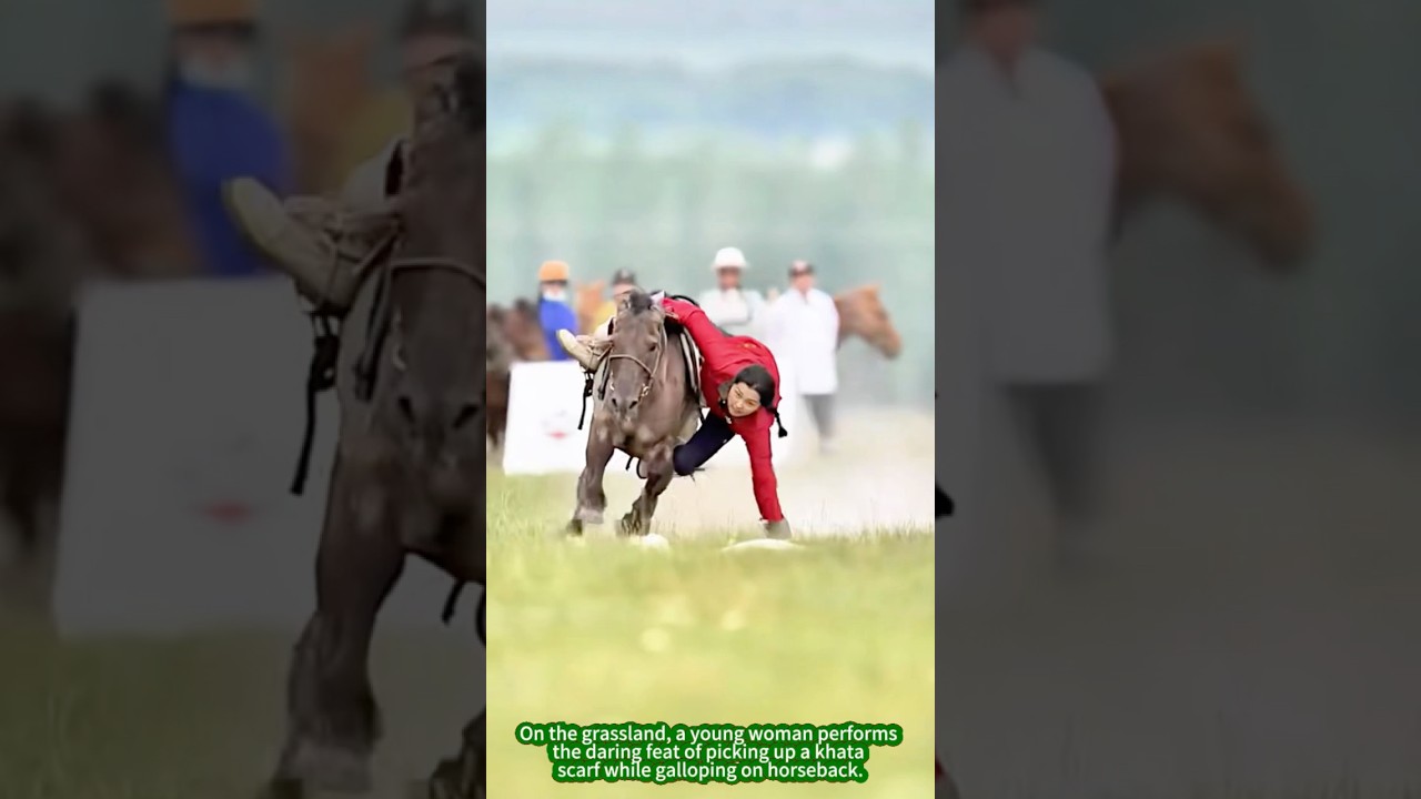 Graceful Girl Grabs Khata on Horseback.