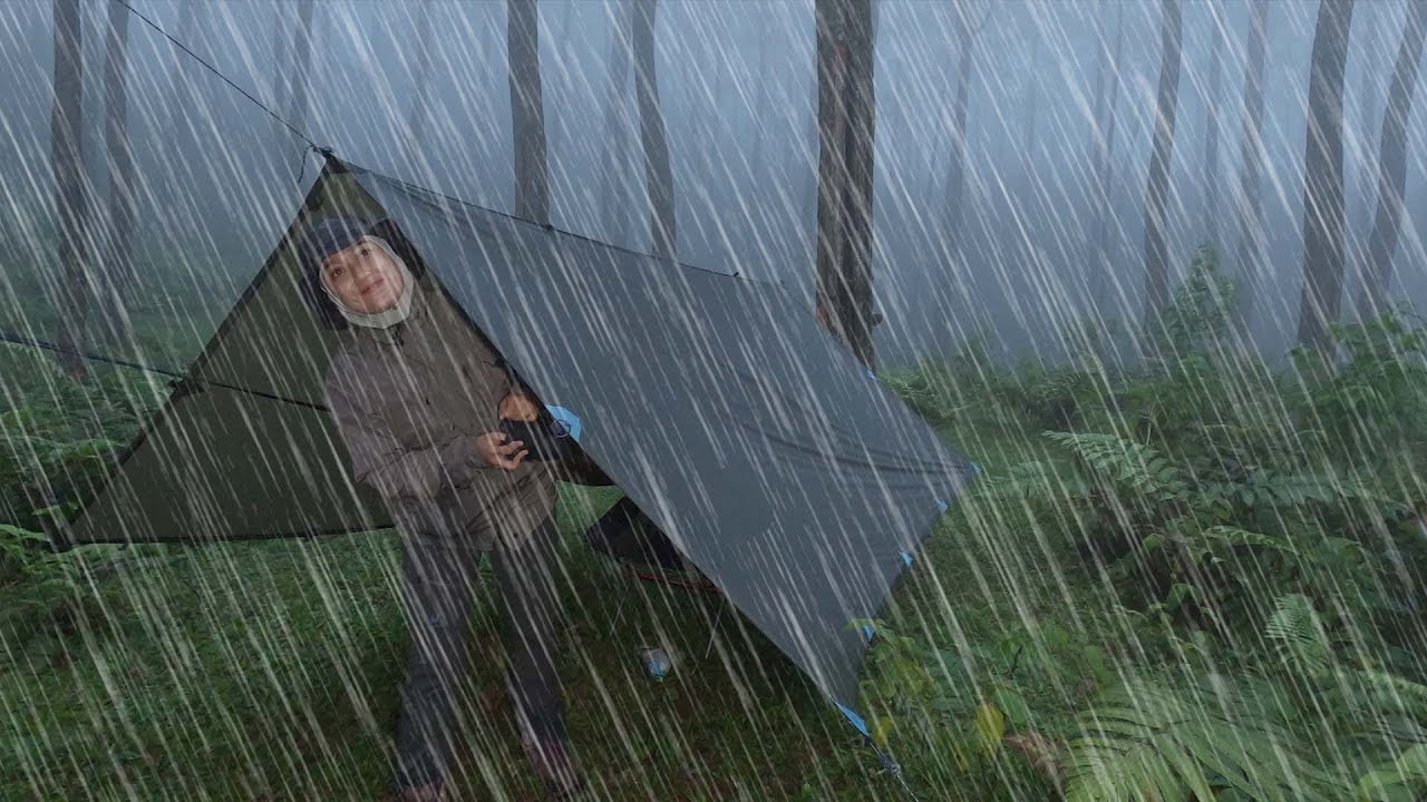SOLO CAMPING IN HEAVY RAIN WITH THUNDERSTORM • HAMMOCK SHELTER, DELICIOUS PANCAKES • ASMR