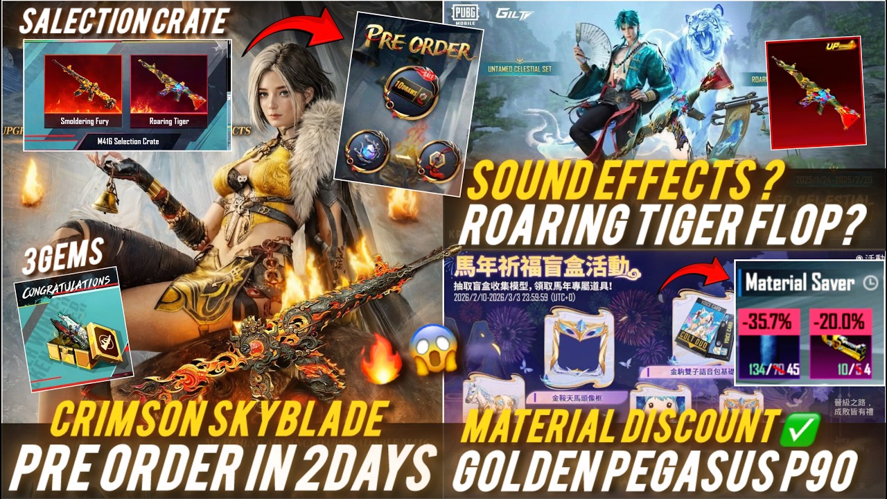 🔴CRIMSON SKYBLADE M416 PRE ORDER IN 2DAYS🔥😱ROARING TIGER BACK ✅P90 LUCKY SPIN 🔥MATERIAL DISCOUNT