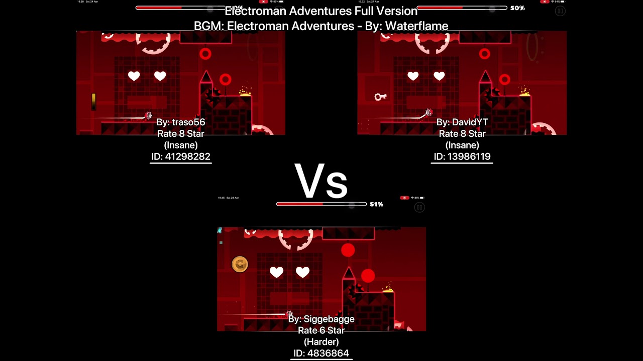 Geometry Dash = Electroman Adventures Full Version (Comparison) (traso56 Vs DavidYT Vs Siggebagge)