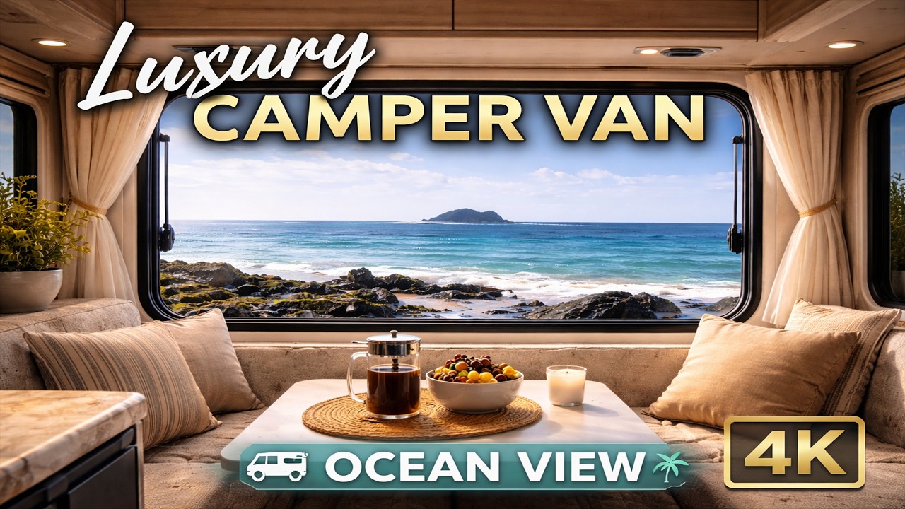 Morning Coffee in a Luxury Camper Van by the Sea | 4K Calm Ambience