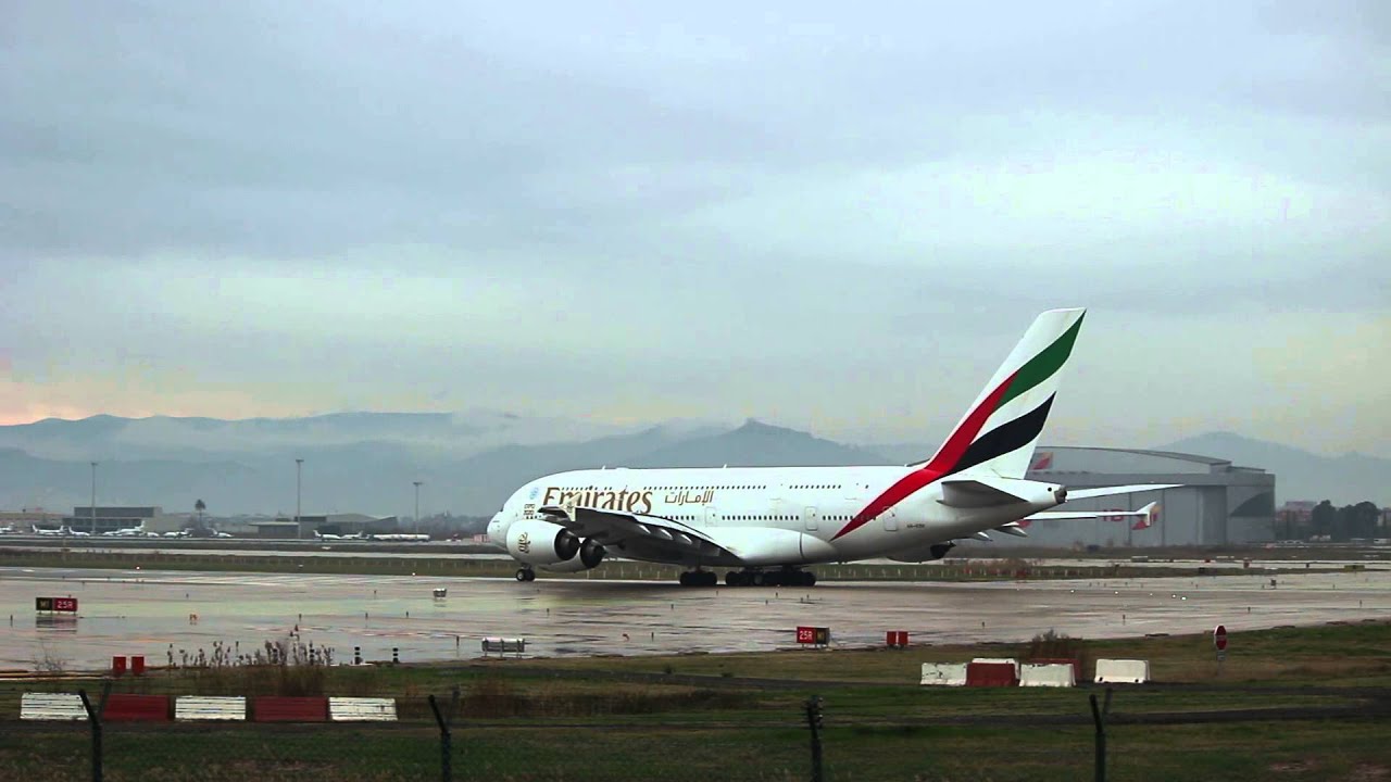 EMIRATES A380-800 TAKEOFF FROM LEBL 25R 1/2/2014
