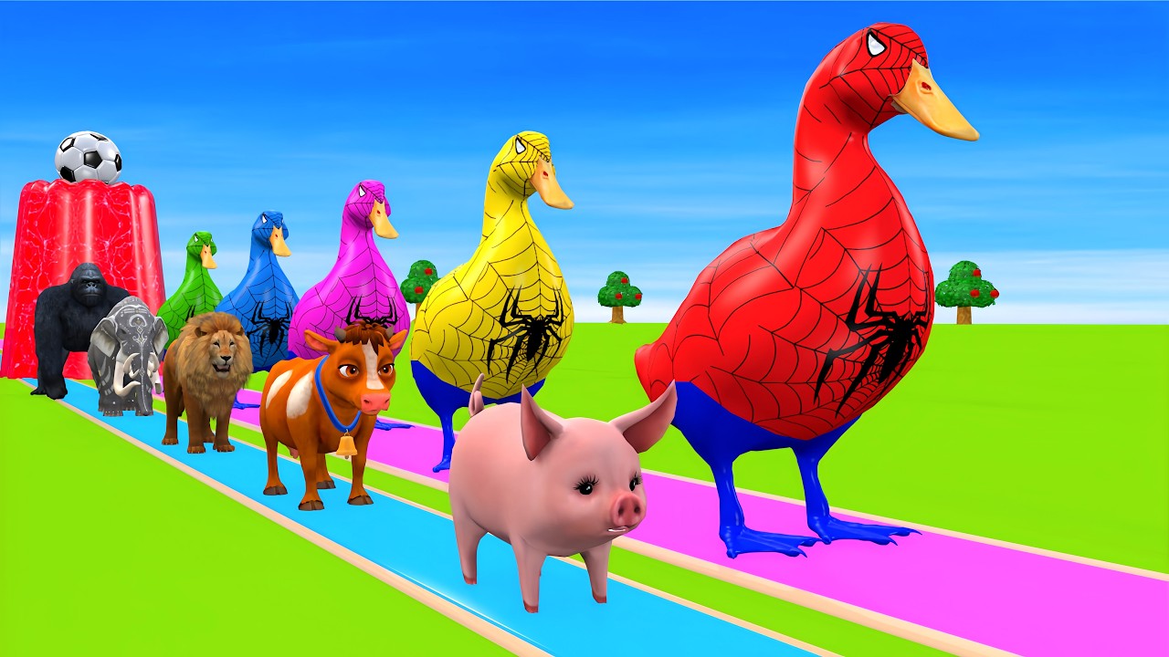Long Slide Game With Cow Elephant Gorilla Hippopotamus Tiger - 3d Animal Game - Funny 3d Animals