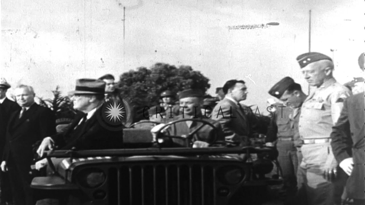 President Franklin Roosevelt in jeep speaks with General Patton in Casablanca, Fr...HD Stock Footage