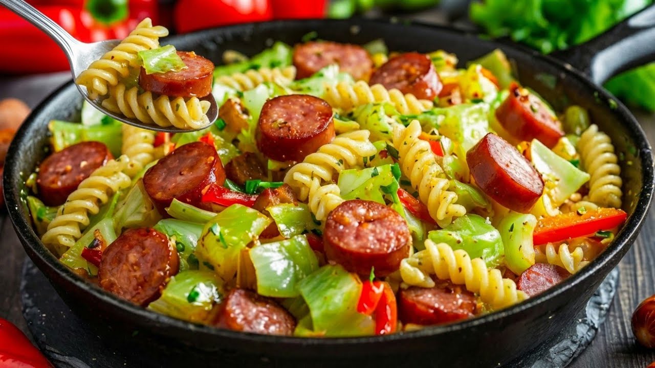 Gebratener Kohl mit Würstchen, Nudeln und Speck ist so lecker! Rezept von meiner Freundin aus Polen!