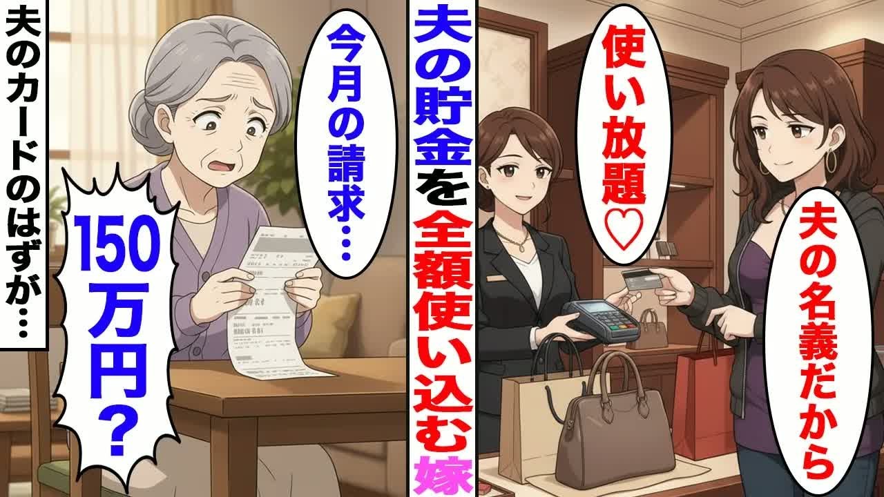 【漫画】ハイブランドにハマって夫の貯金を全額使い込む嫁。義母のカードと知らずに持ち出し…【スカッと】【ママスカ】