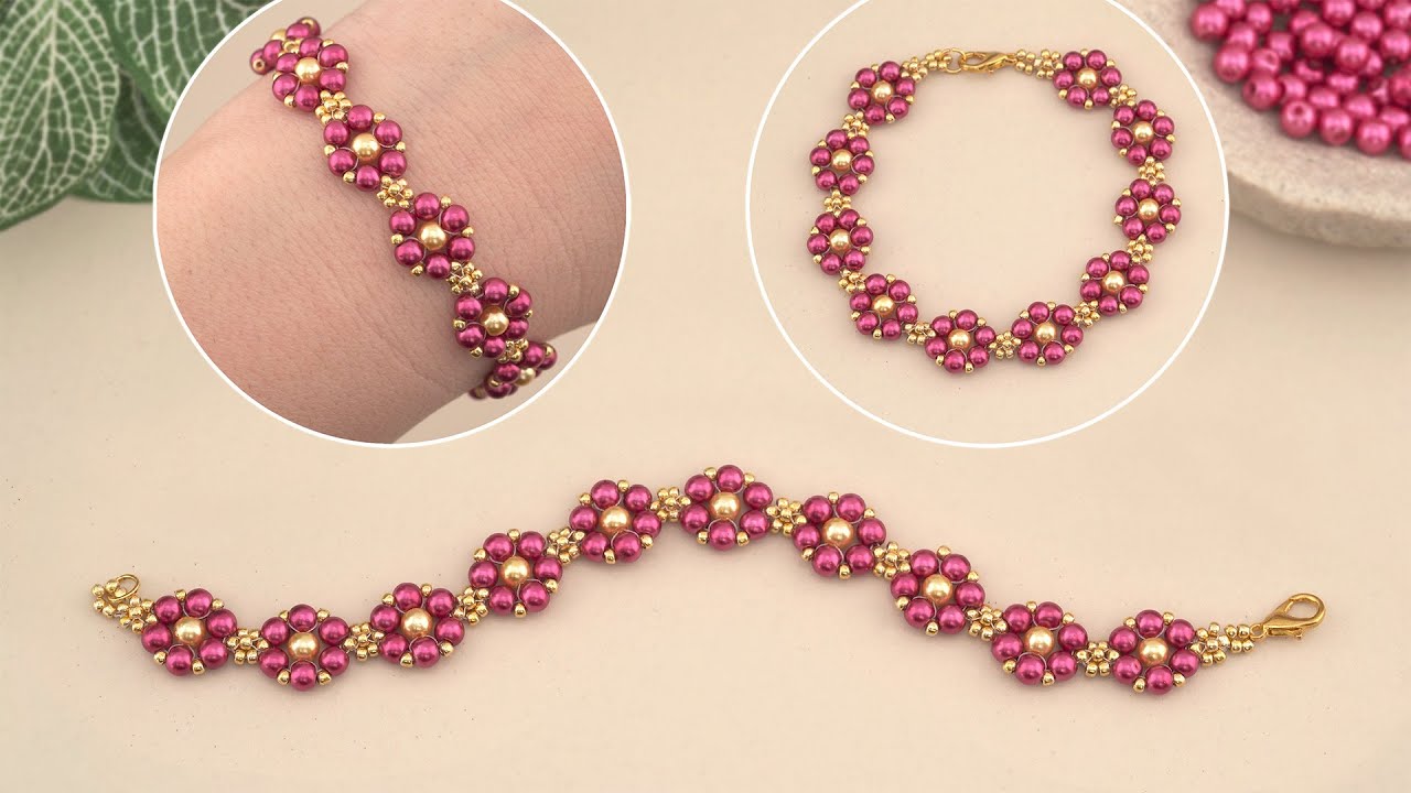 Pink Beaded Flower Bracelet Super Simple Beading Tutorial: Very Easy Pearl Seed Bead Bracelet Making