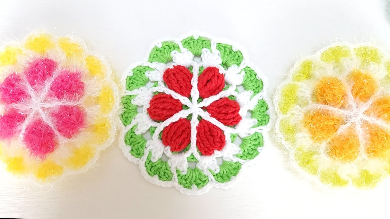 수세미뜨기/ 볼록꽃 평면수세미  Crochet  flower dish scrubby