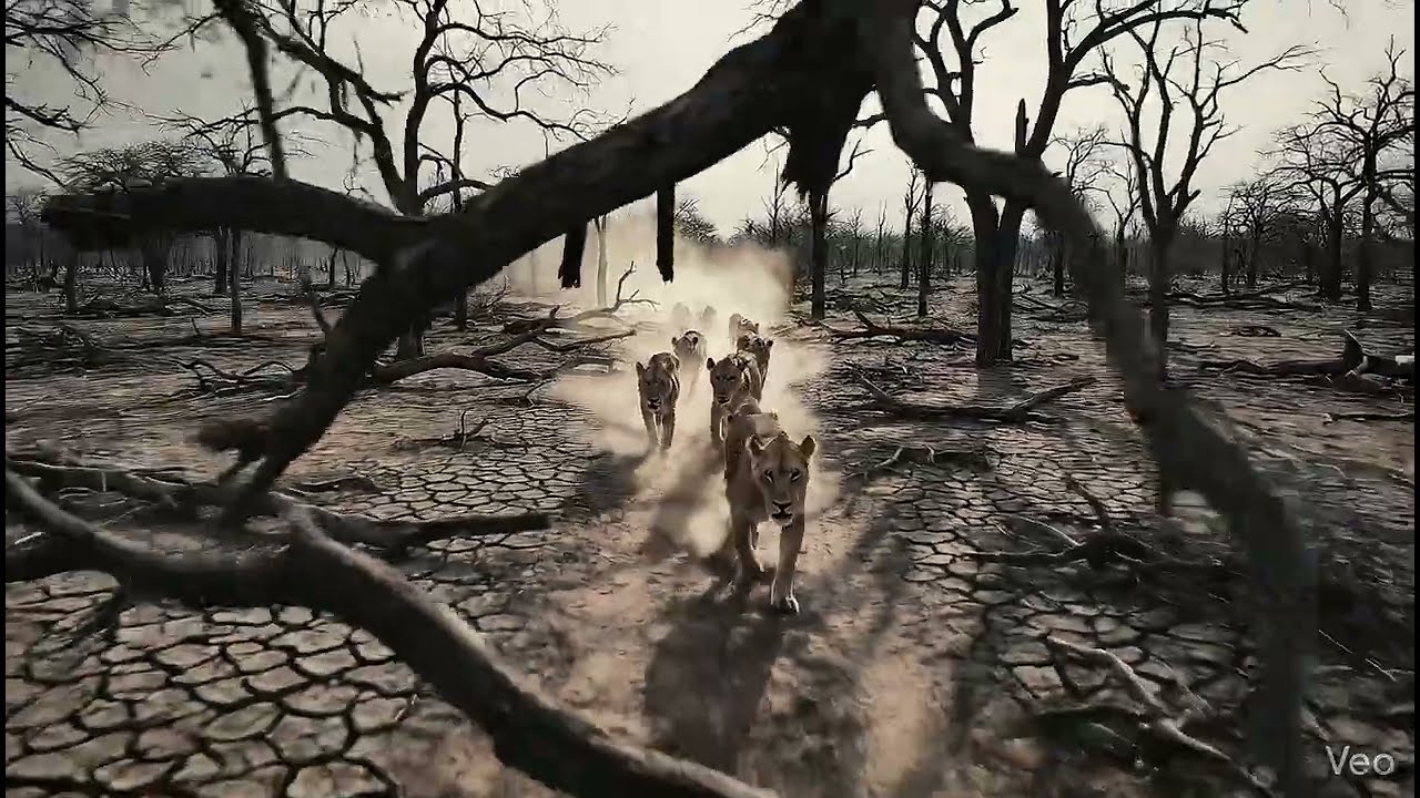 A cinematic drone shot of a lion pride walking through a barren forest under moody, overcast light.