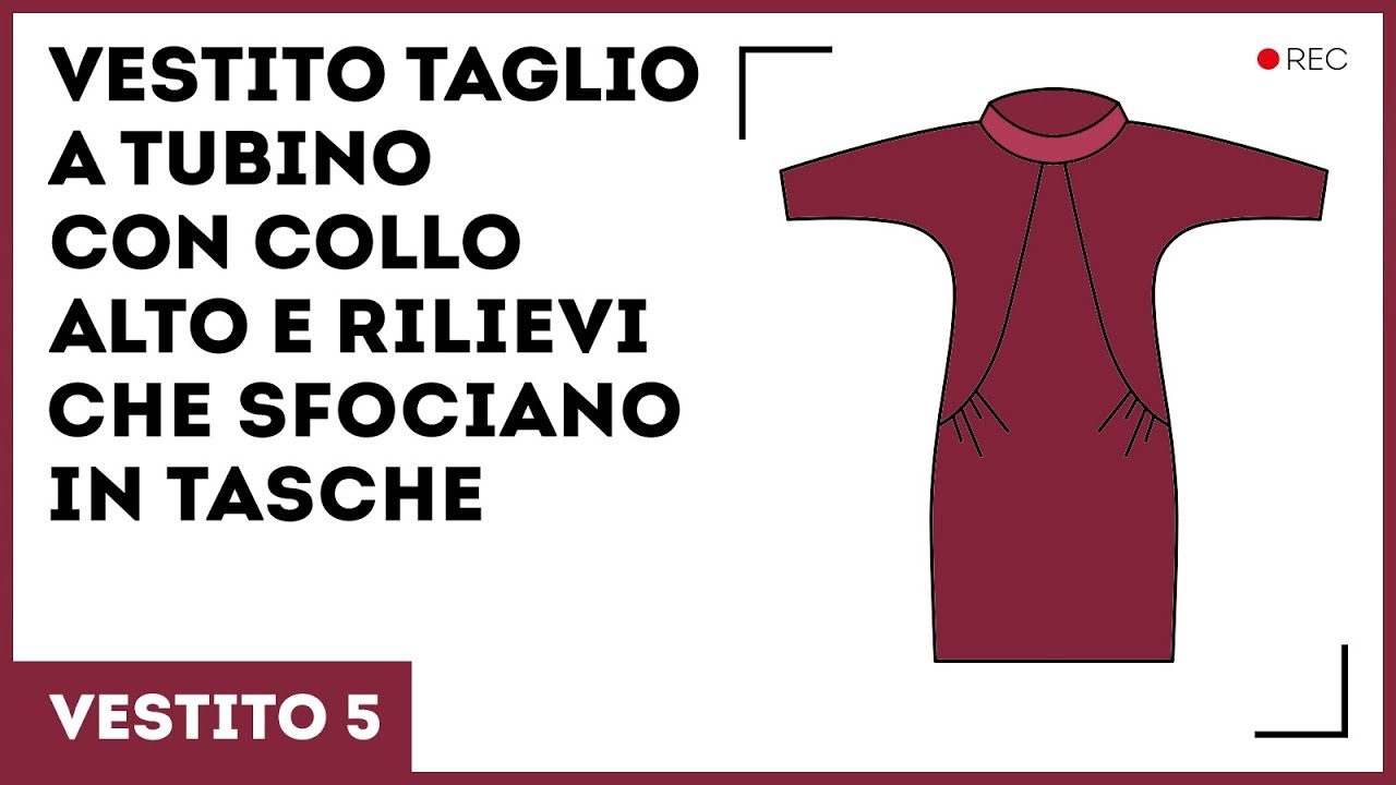 Vestito taglio a tubino con collo alto e rilievi che sfociano in tasche.Vestito 5