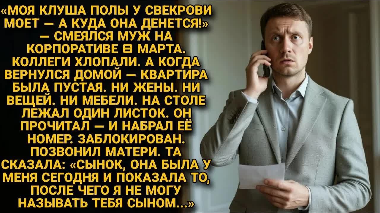 Он смеялся над женой на корпоративе. Вернулся домой — квартира пустая. На столе лежал листок...