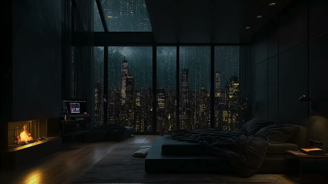 (No Ads)☔Rainy Night in a Luxury NYC Penthouse | City Lights & Cozy Bedroom for Deep Sleep