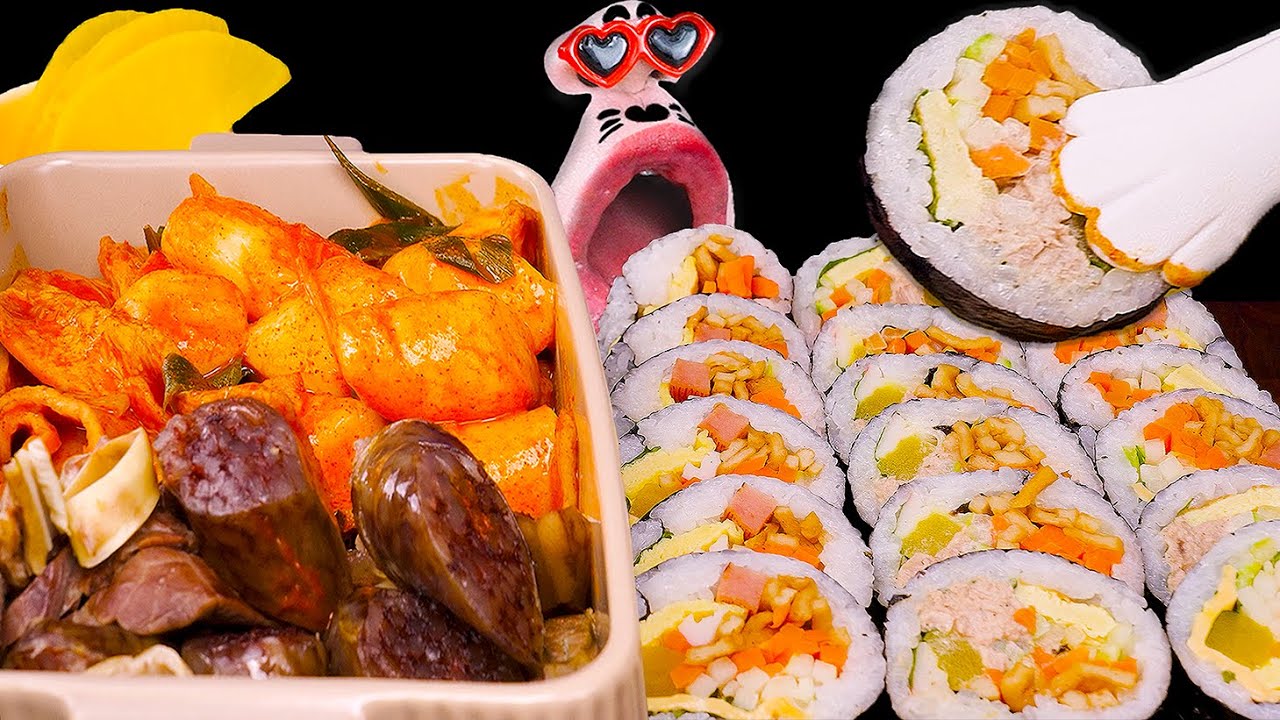 Корейская еда для души!! Кимбап, Токпокки и сандэ! 🍙🌶️ ASMR Mukbang Eating Show