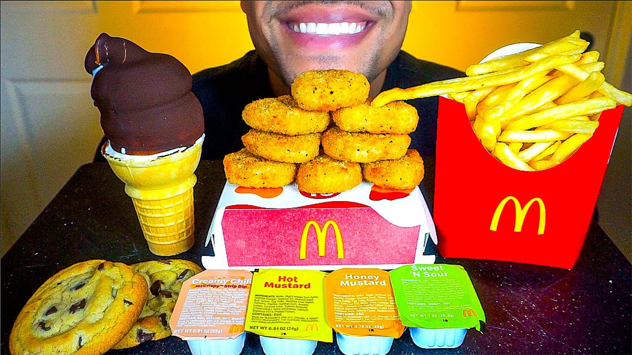 MCDONALD'S CHICKEN NUGGETS ICE CREAM CONE DIPPED CHOCOLATE CRISPY FRENCH FRIES BIG BITES ASMR MUKBAN