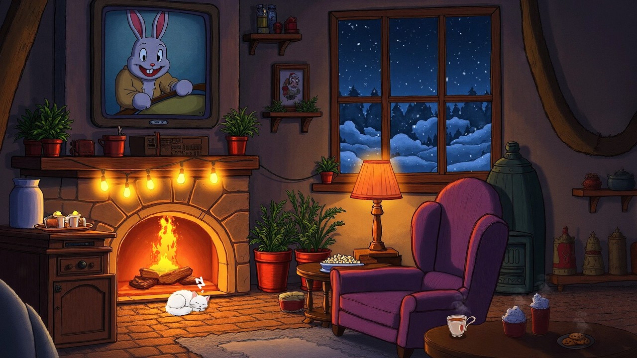 a snowy night from the 1940's and you're listening to oldies playing in another room(crackling fire)