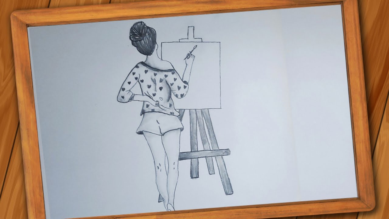 How to draw girl painting on canvas | Drawing Girl In front of a canvas pencil sketch | Step by Step