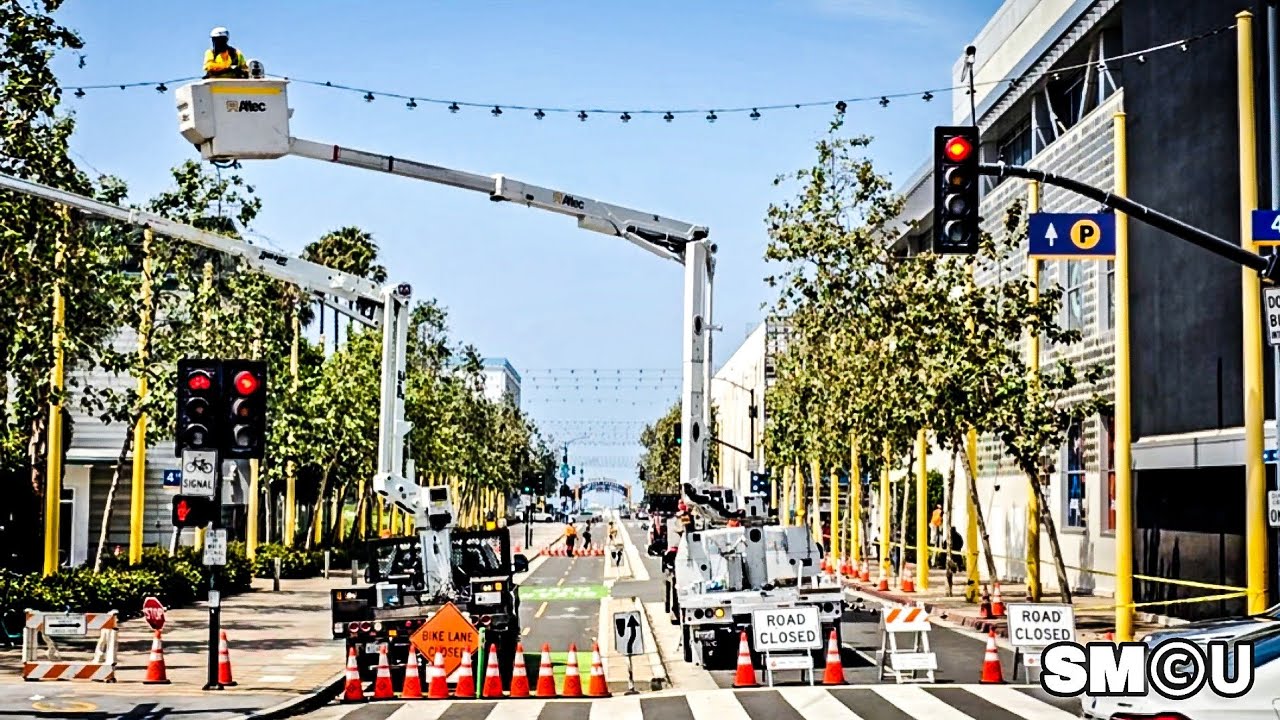𝗟𝗘𝗧 𝗧𝗛𝗘𝗥𝗘 𝗕𝗘 𝗟𝗜𝗚𝗛𝗧: Electricians Rehang String Lights After Santa Monica Sewer Project