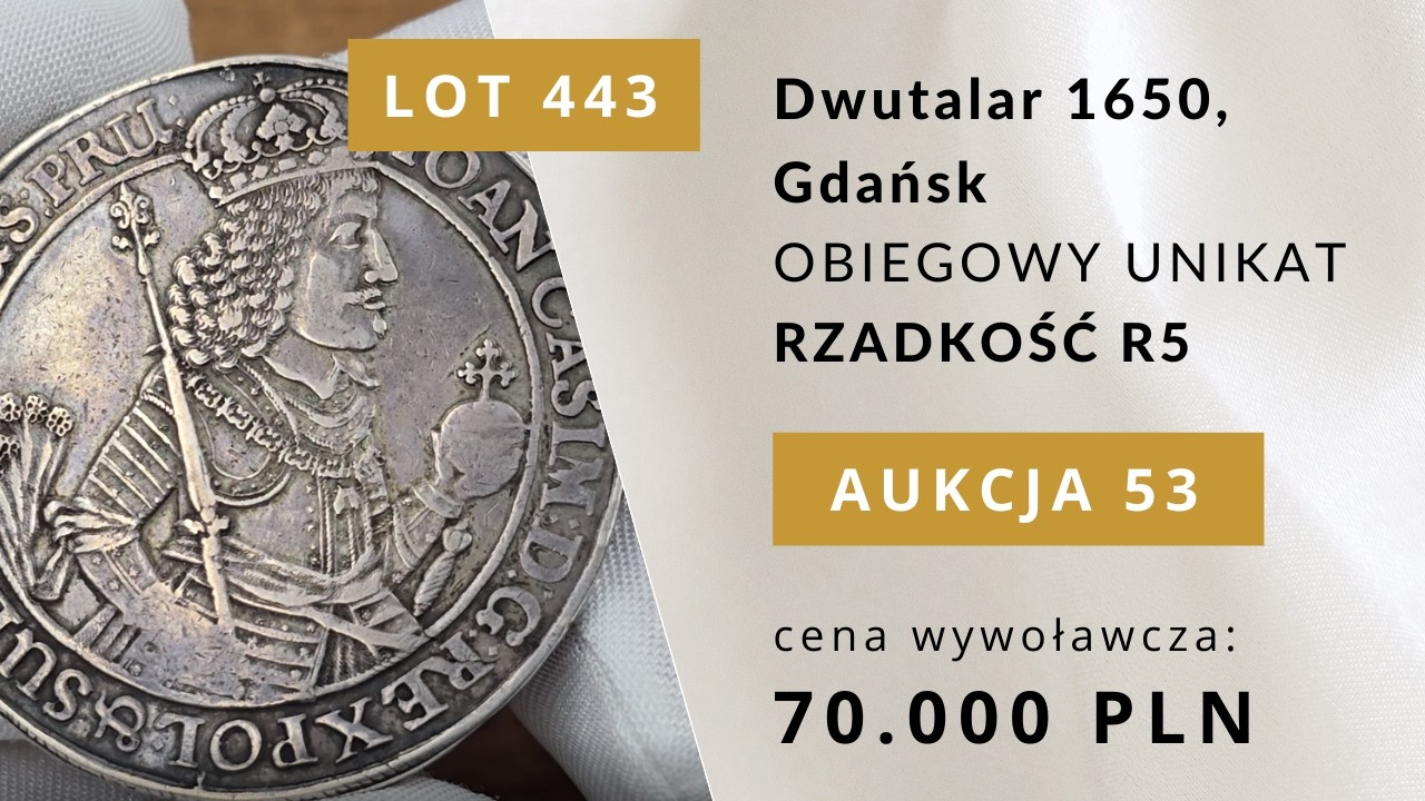 RZADKOŚĆ: Jedyny polski dwutalar obiegowy – Jan II Kazimierz 1650 Gdańsk | Aukcja 53 Niemczyk