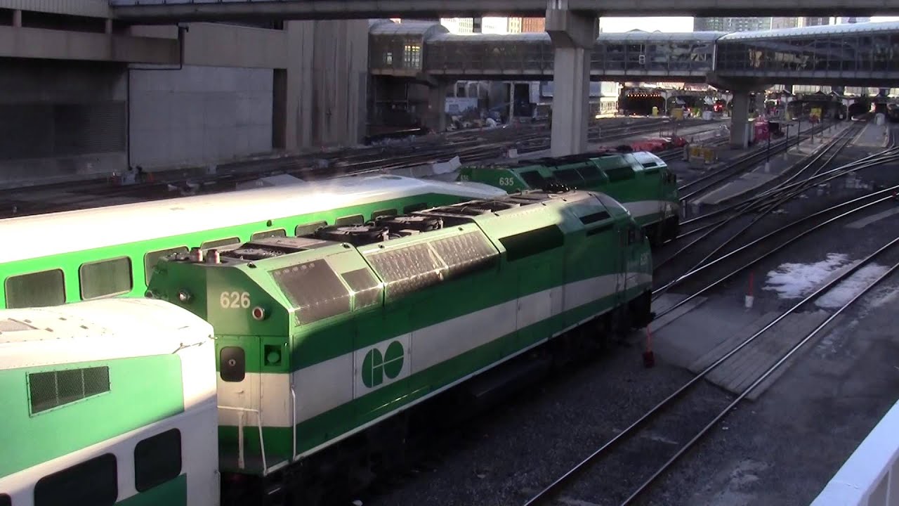 Commuter Trains (GO Transit / VIA Rail) at Union Station Toronto at rush hour March 19 2015