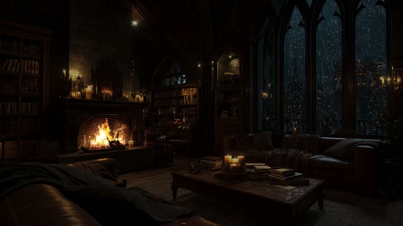 Ruined Stone Keep Rain at Night with Fireplace | Dark Medieval Ambience for Sleep