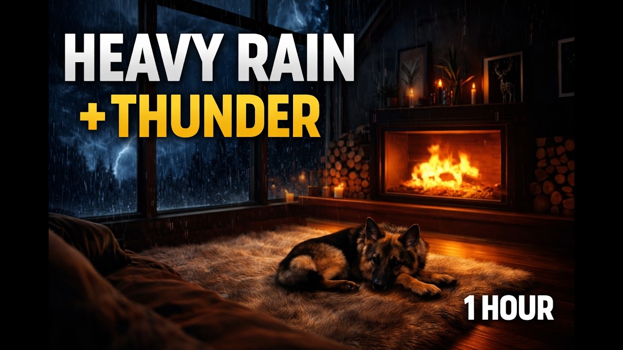 1 Hour Heavy Rain & Thunder 🌧️ Fireplace with Cozy Dog | Relaxing Sleep Sounds