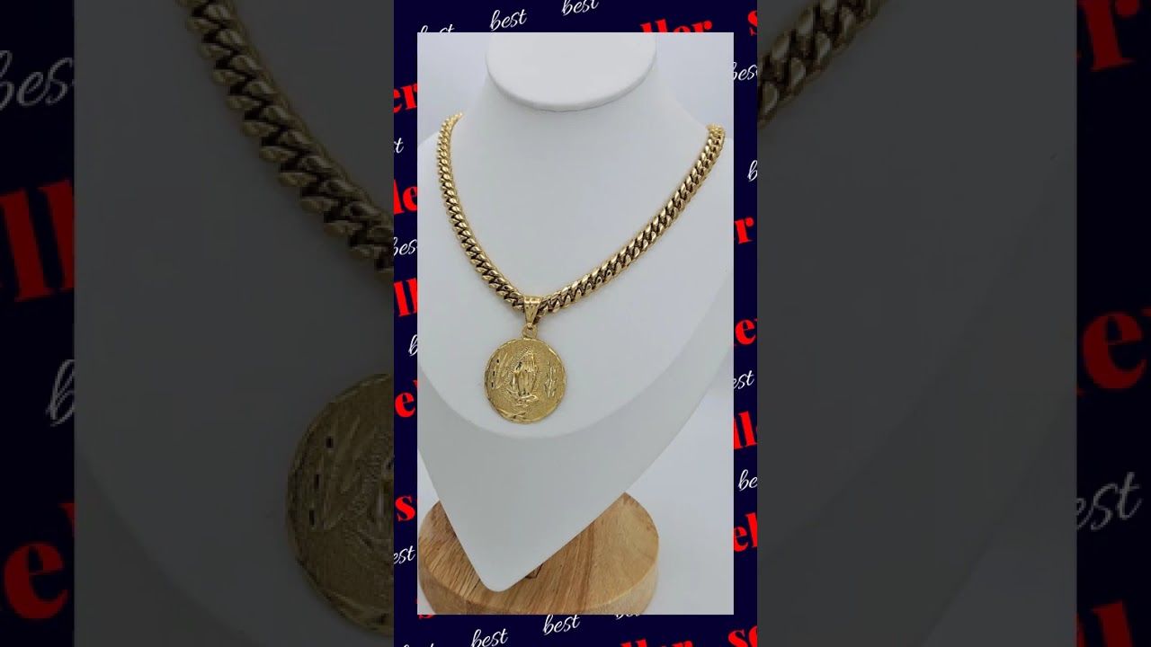 Gold Praying Hands Necklace, 7mm Cuban Link Chain, Praying Hands Pendant is 30mm in Diameter, 14k…