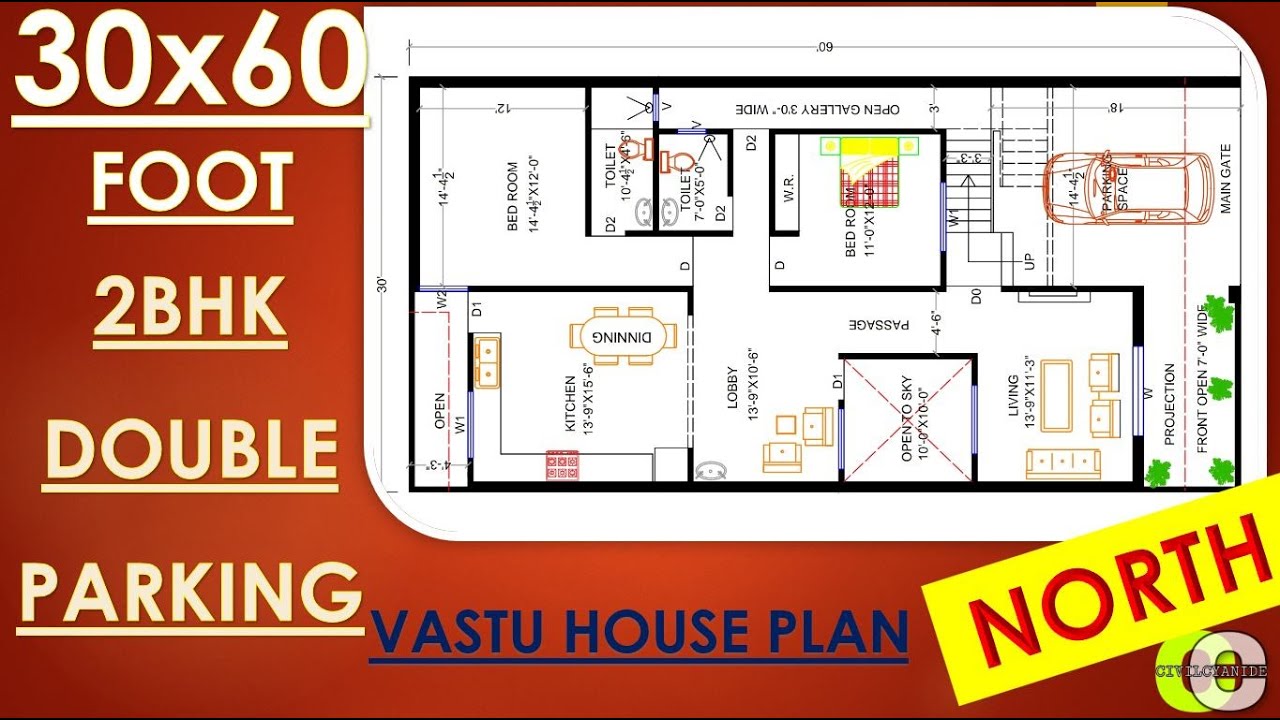 30x60 North Facing Vastu House Plan II 1800 Sqft House Plan II Double Parking House Plan