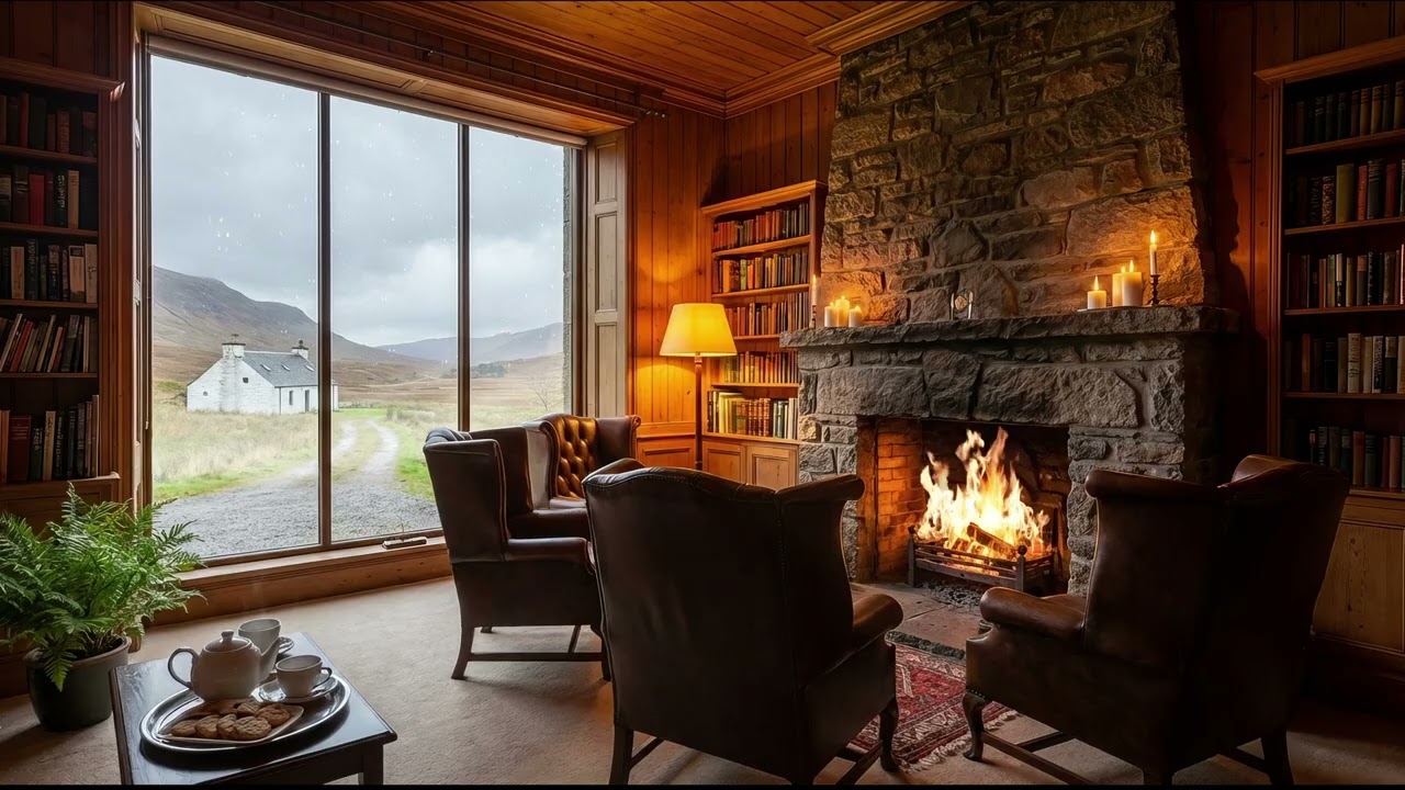 Cozy Celtic Scottish Library Ambience 📚✨ Relaxing Den, Rain Sounds & Crackling Fireplace
