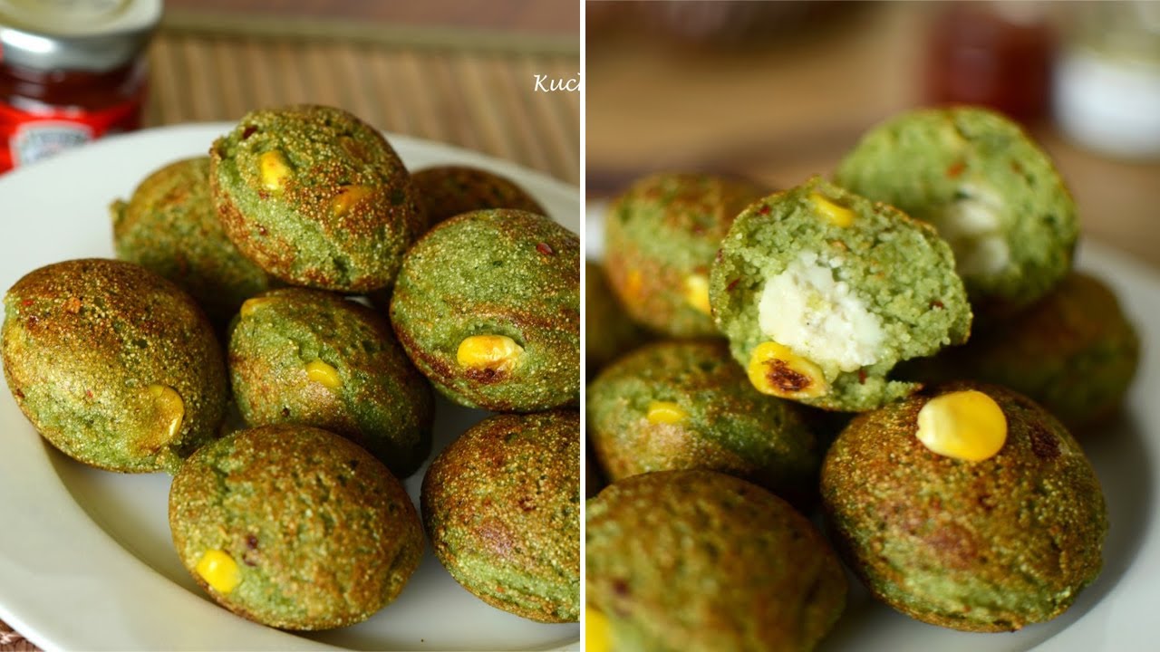 Instant Rava Palak Appe - Spinach Appe Recipe - Paneer Stuffed Suji Appe Paniyaram