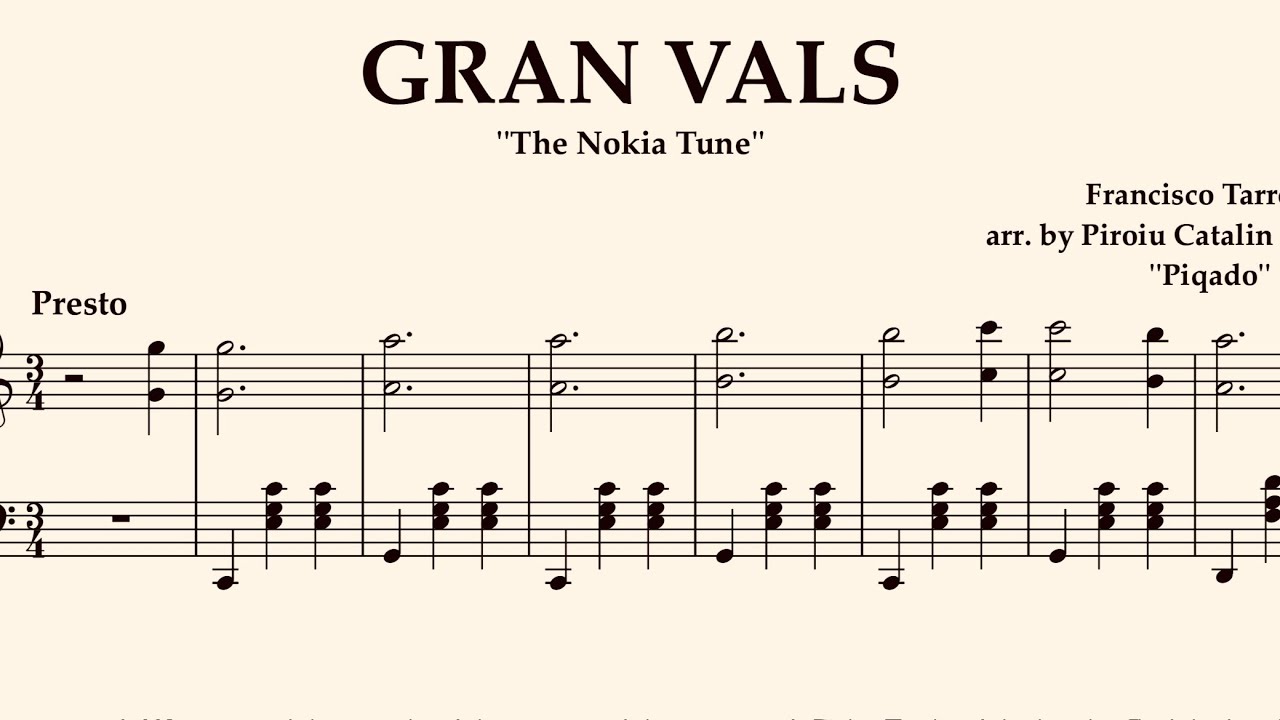 Gran Vals - Francisco Tarrega  arr. by Piqado for Solo Piano Sheet Music Grand Waltz Easy Nokia Tone