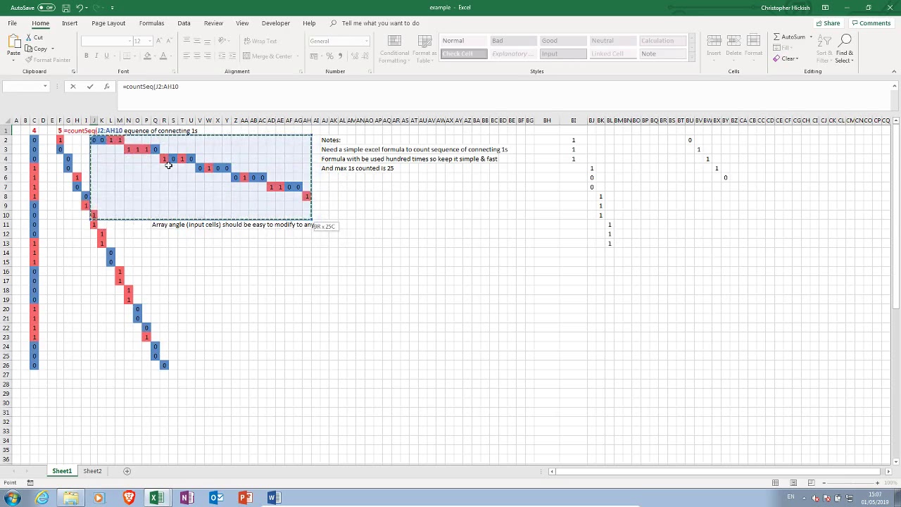 Excel VBA - Count Sequence in diagonal