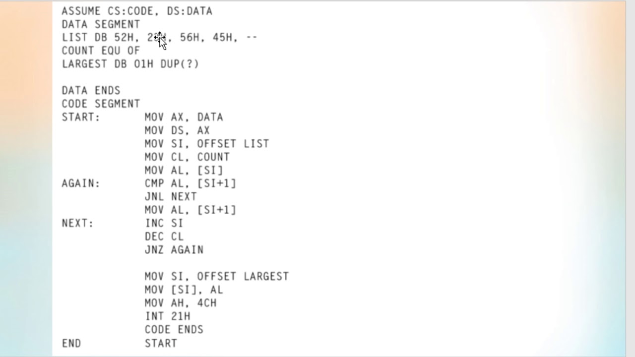 8086 Program to find largest number in a series of 8 bit numbers.