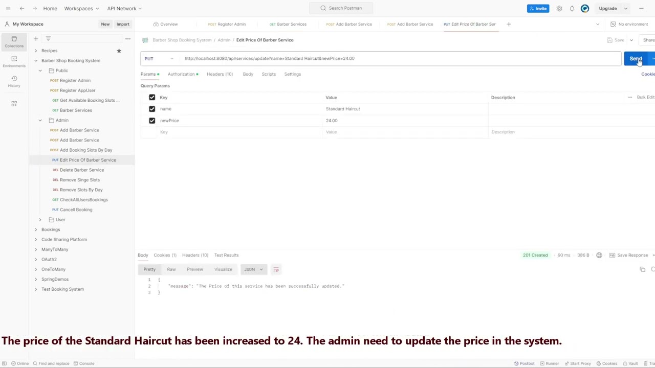 Accessing Admin Endpoints in POSTMAN - Barber Shop Booking System REST API