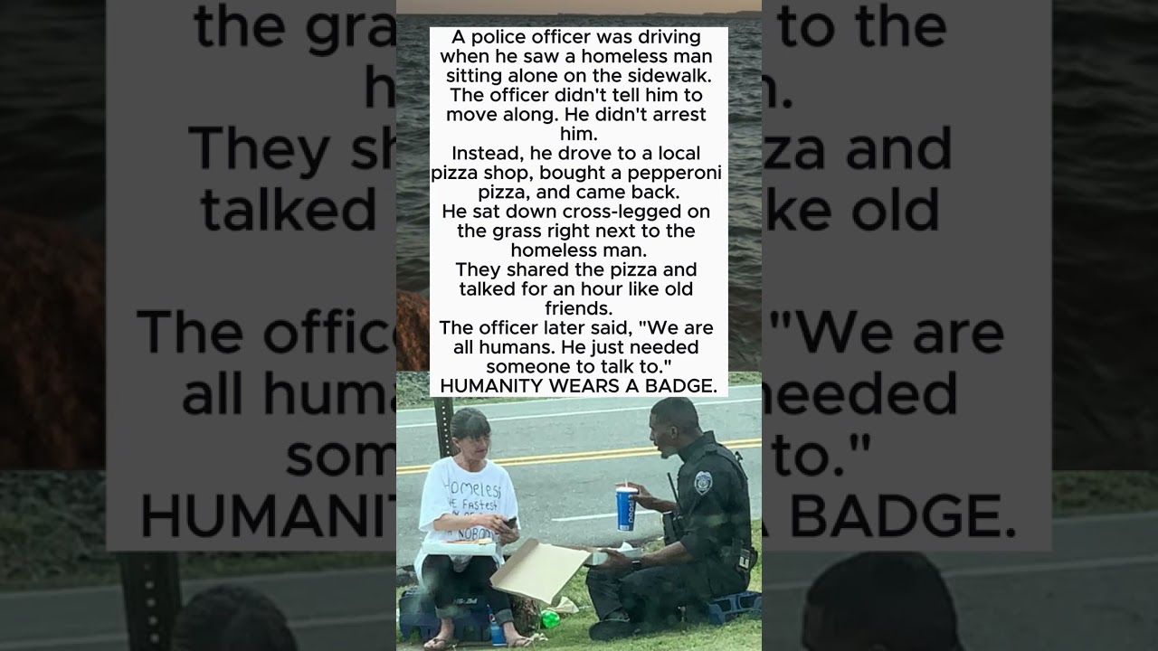 Officer Michael Rivers eating pizza with homeless man 🍕👮&zwj;♂️