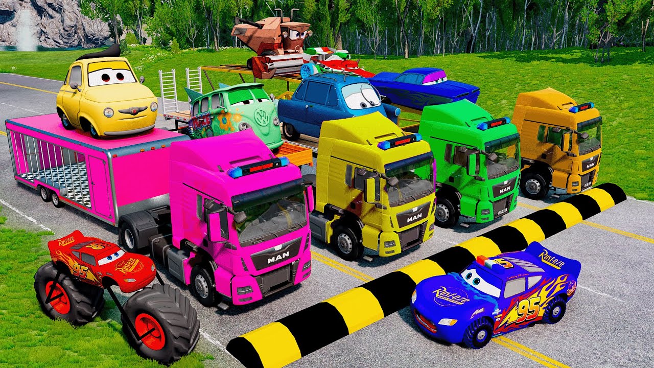 Flatbed Truck McQueen | Transportation with Truck - Pothole vs Car #2 | BeamNG.Drive Gameplay