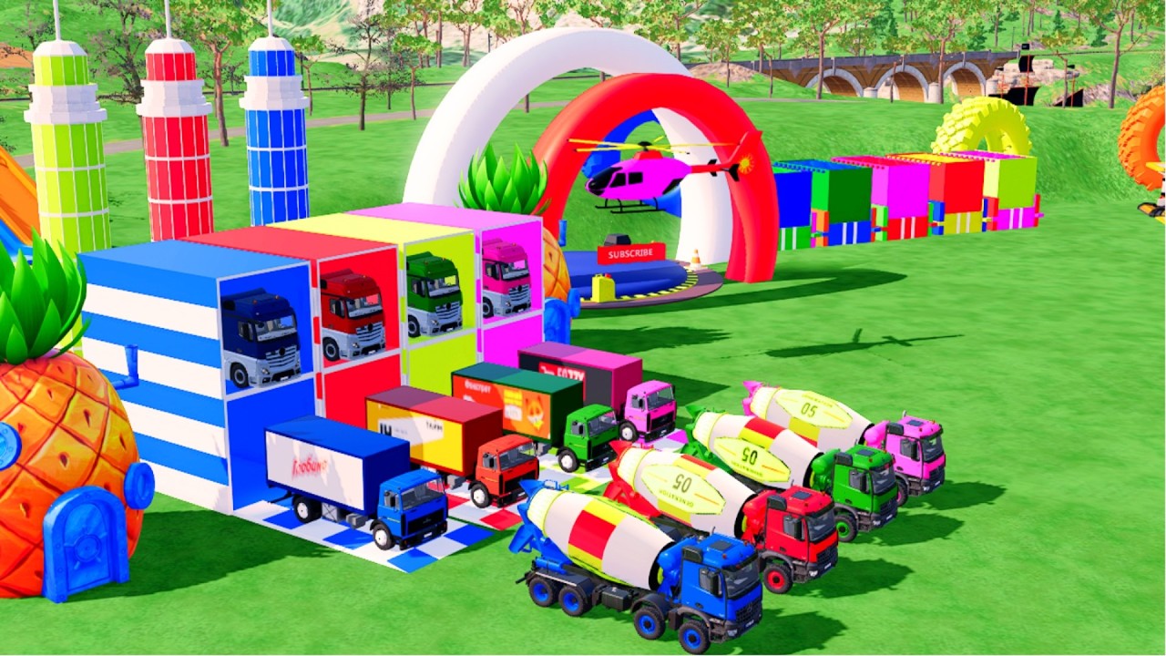 TRANSPORTING ALL THE COLORFUL MIXER TRUCKS, KAMAZ BOX TRUCKS, WITH MERRCEDES TRUCKS TO THE GARAGE
