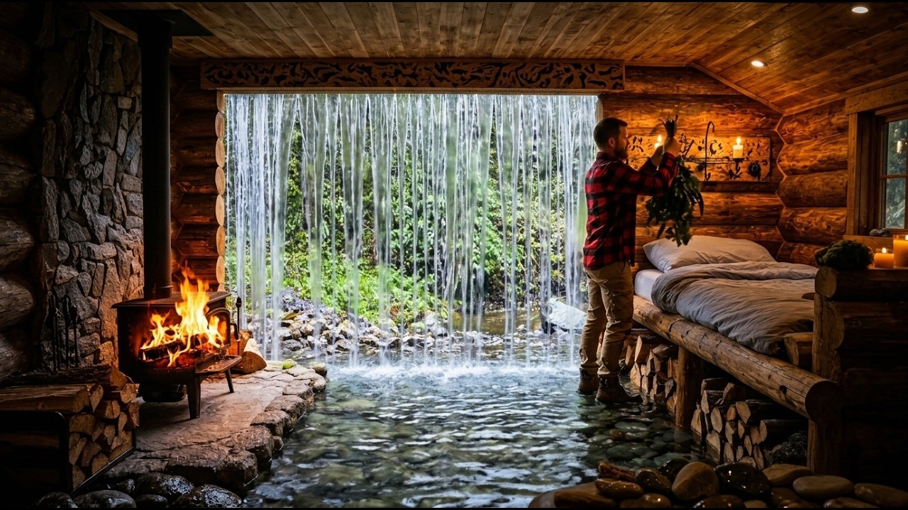 Nobody Knew I Was Building This — A Secret Cabin Behind a Waterfall
