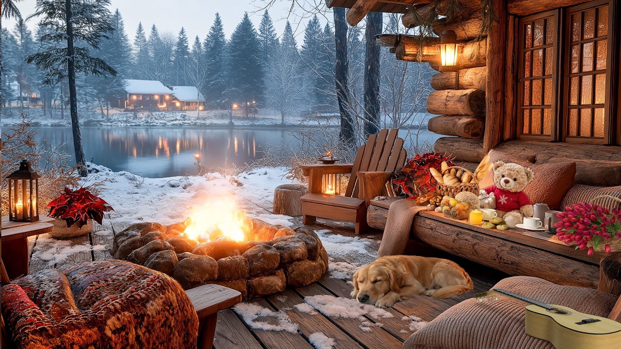 Cozy Winter Lakeside Porch with Sleeping Dog | Fireplace Ambience & Gentle Piano Music