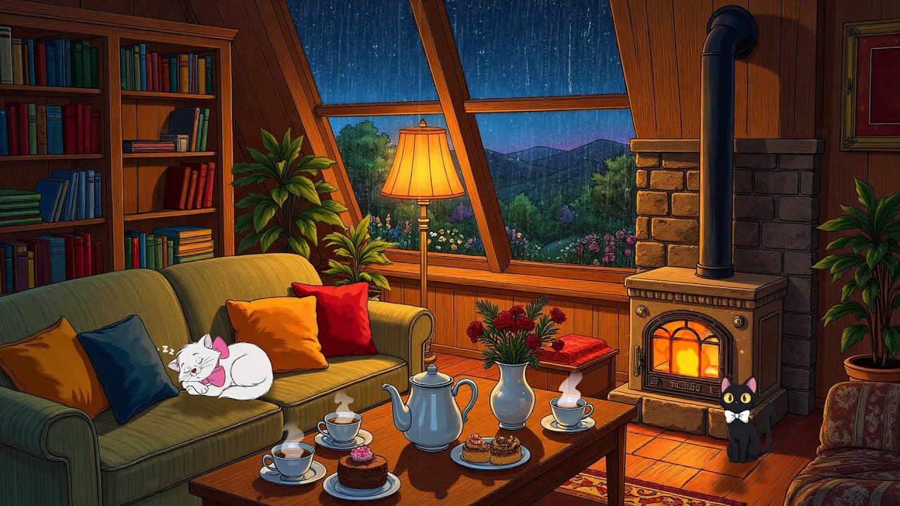 vintage oldies playing in another room in 1950's silent cozy night for relaxation, unwind