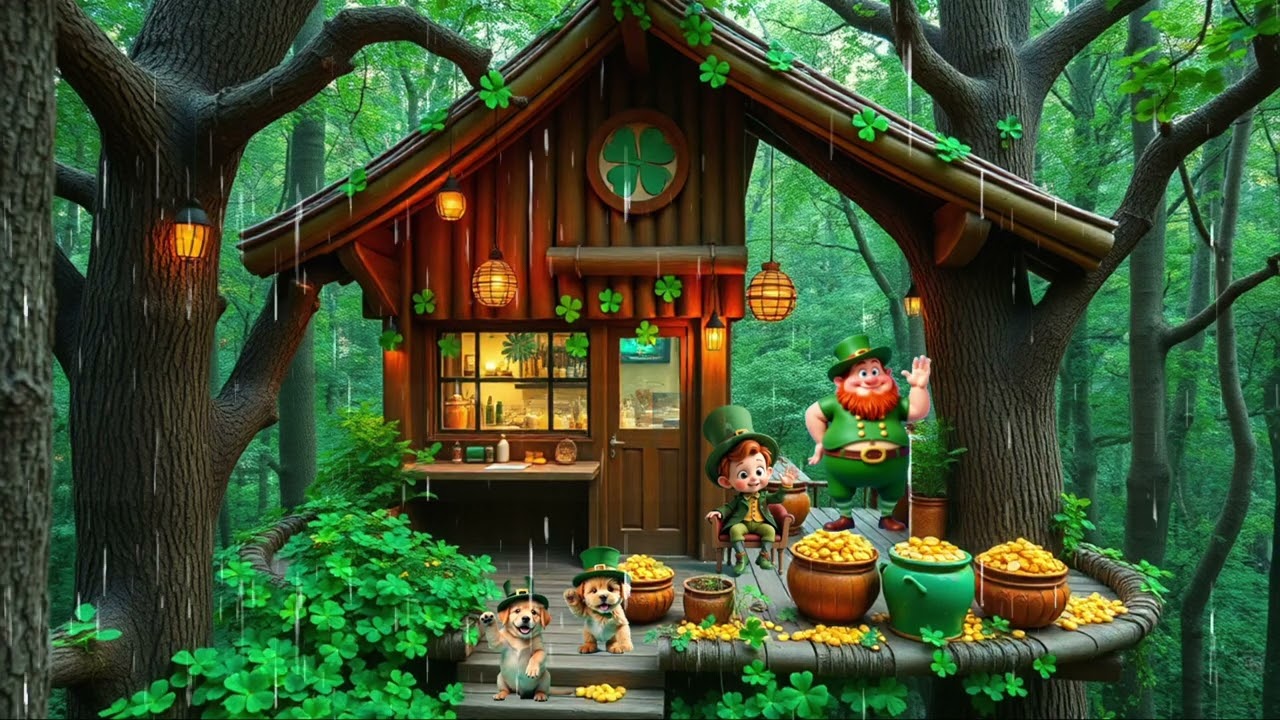 🐶🍀 Adorable & Fun St  Patrick’s Day 4K Ambience | Leprechauns, Pups & Swirling Clovers in Lush Rain