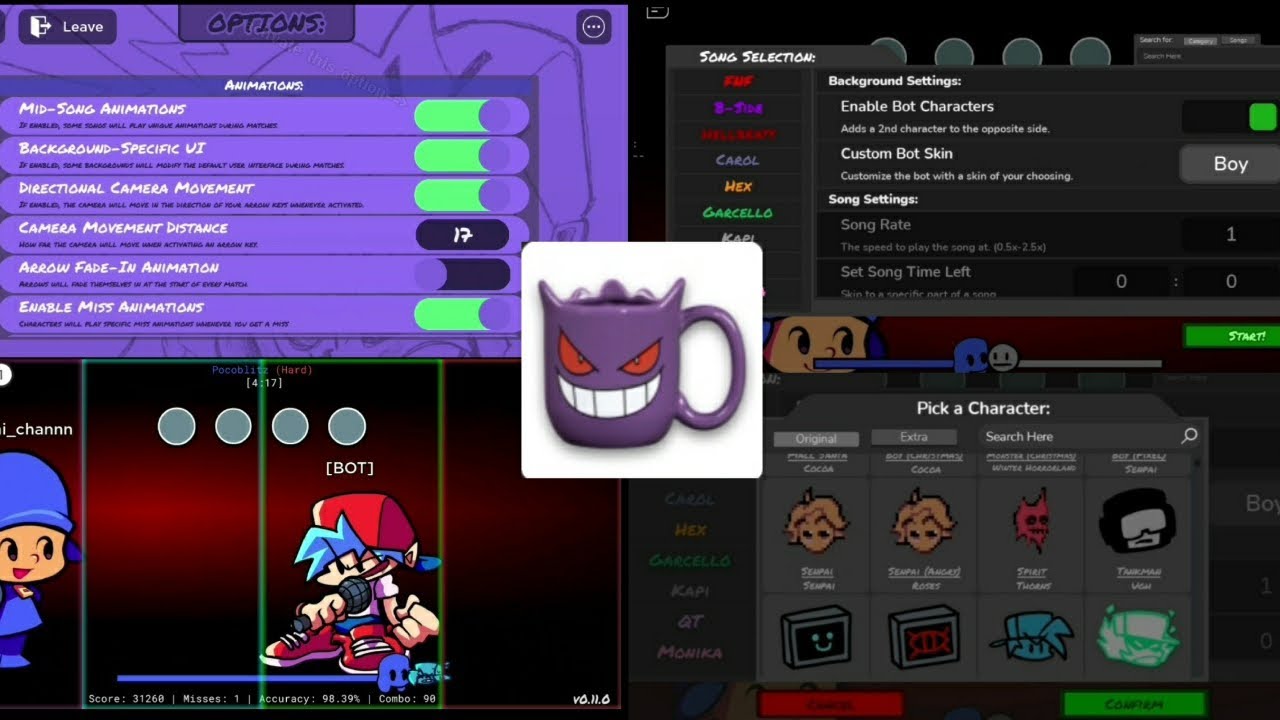 Roblox - MMM UPDATE. How to enable mid-songs cutscene/Botplay/mechanics.