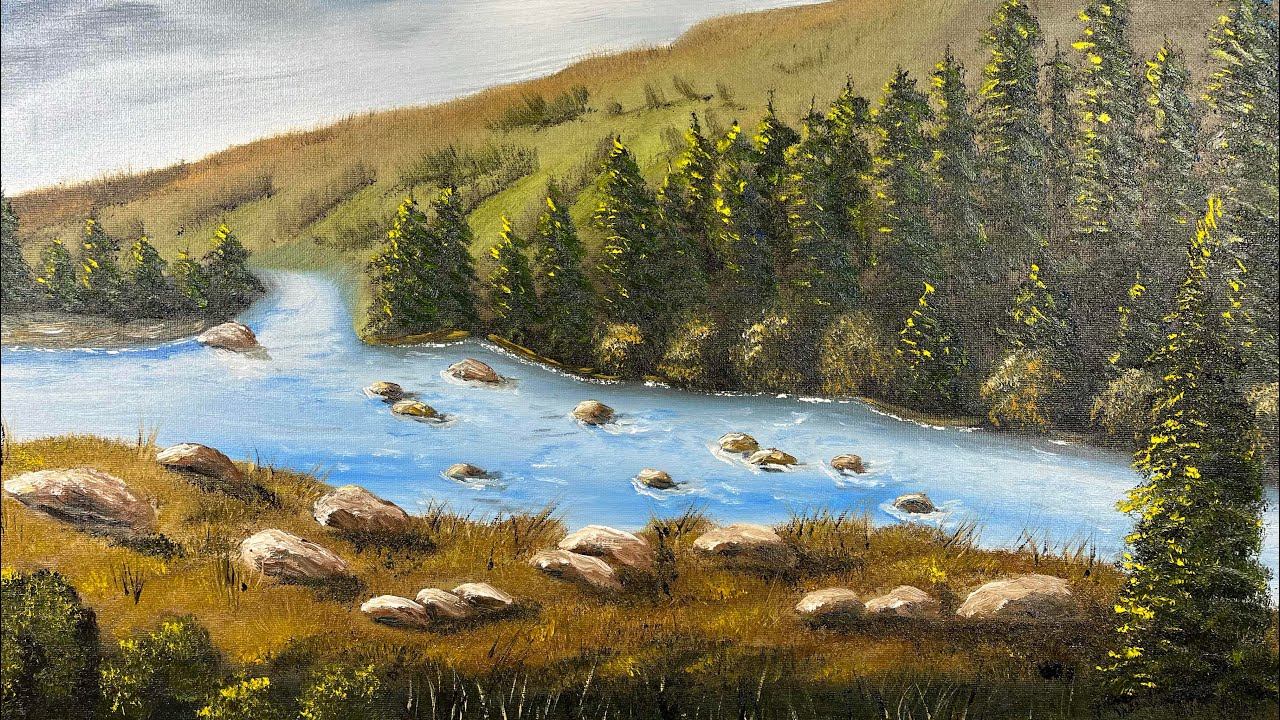 How to paint pine trees next to water-demo-for beginner and intermediate artists