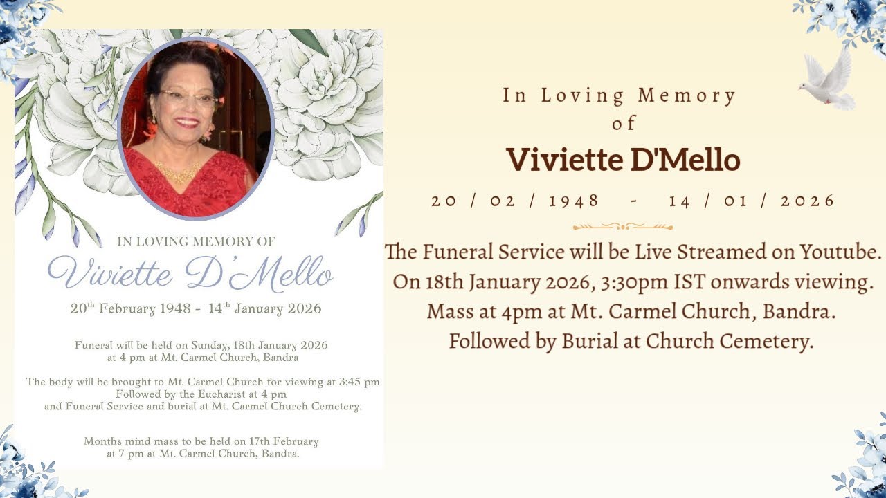 Funeral Service of Viviette D'Mello | 18th Jan 2026, 3:30pm IST onwards