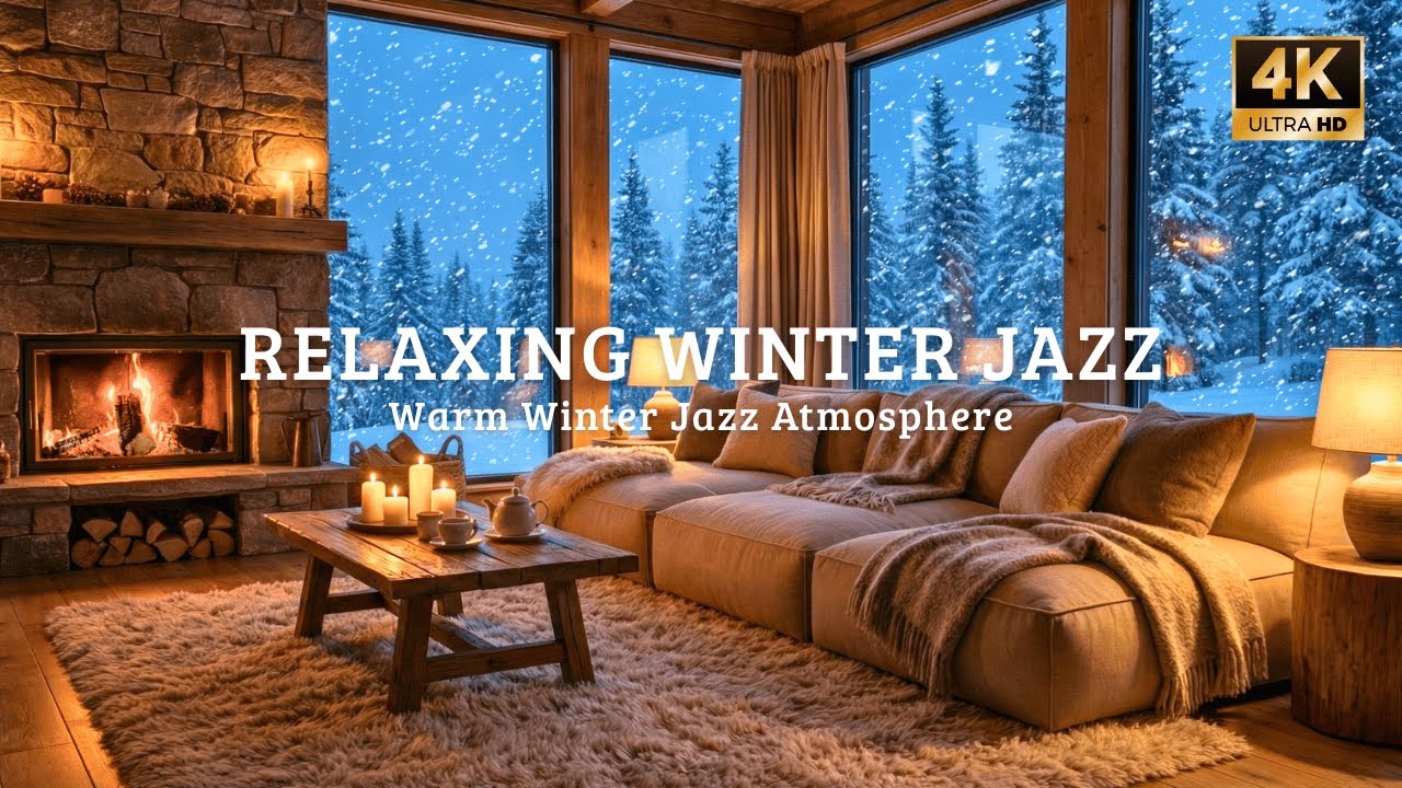 🔴 Warm Cozy Cabin Night 🔥 Snow Falling Outside with Soft Jazz & Fireplace Ambience