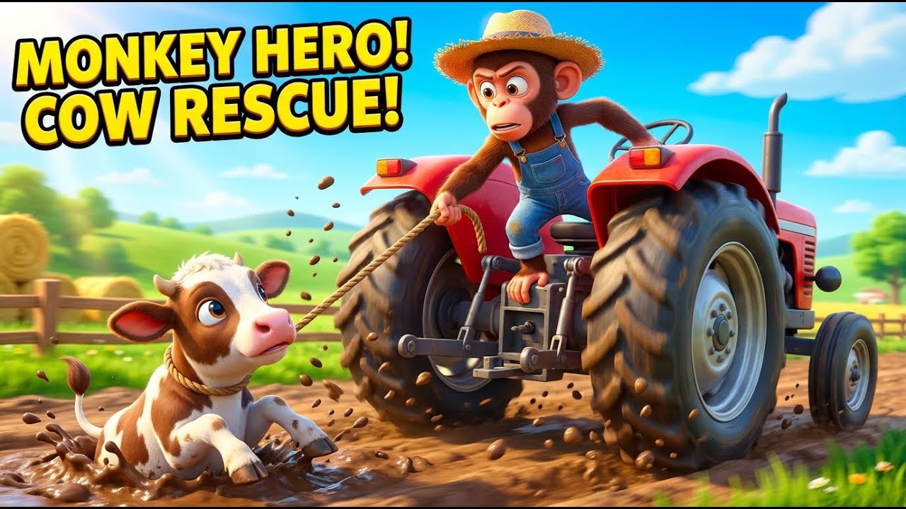 Monkey Farmer Drives Tractor 🚜 to Save Baby Cow Stuck in Mud