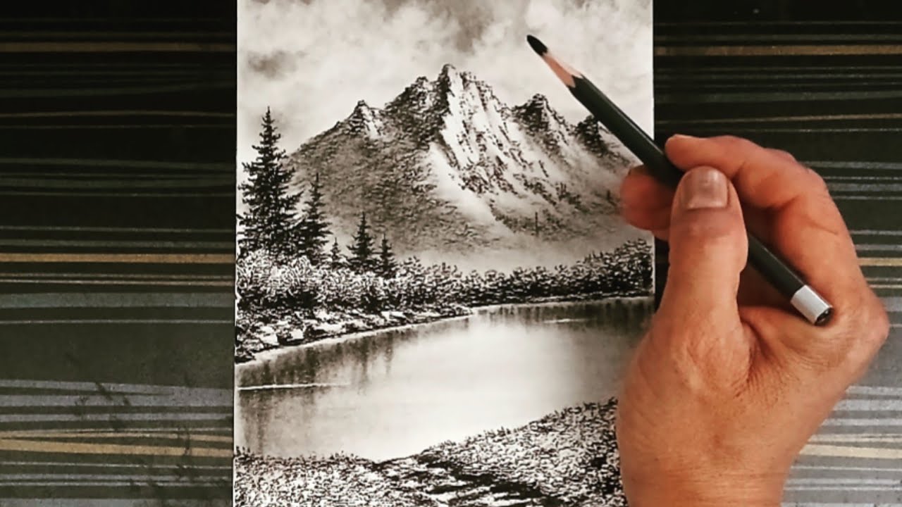 How to draw mountain and serene lake landscape scenery by pencil easy.