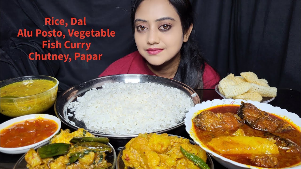 ASMR EATING Rice, Dal, Alu posto, mix veg, Fish Curry, Chutney Papar | Mukbang | Big Bites 